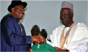 President Goodluck Jonathan (left) receiving the National Conference report from the chairman of the confab, Justice Idris Kutigi at the Presidential Villa, Abuja, yesterday