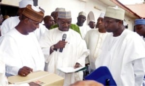 L-R: Governor Saidu Dakingari of Kebbi State, Executive Secretary, National Primary Healthcare Development Agency (NPHCDA), Dr Ado Mohammed and Chairman, Birnin Kebbi Local Government Area, Alhaji Ibrahim Dan-Illelah, at the presentation of UNICEF and EU Medical Support Materials for Maternal and Child Health Care in Birnin Kebbi, last Friday.