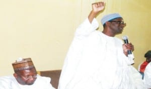 Former EFCC Chairman,Malam Nuhu Ribadu (right) declaring his intention to contest for Adamawa Governorship election on PDP platform in Yola last Saturday, while Adamawa State Secretary of PDP, Mr Shehu Tahir looks on.