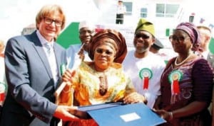 L-R: Vice Chairman, Navimor Group, Mr Roman Kinda; First Lady, Dame Patience Jonathan; Minister of Agriculture, Dr Akinwumi Adesina and Minister of State for Agriculture, Mrs Asabe Hamed ,at the inauguration and Christening of Federal Ministry of Agriculture newly acquired fishing vessel in Poland last Wednesday
