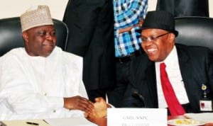 New NNPC Group Managing Director, Dr Joseph Dawah (left) with Group Executive Director, Finance and Accounts, Mr Bernard Otti, at a news conference on Inter-Agency Collaboration on Gas-Power in Abuja, recently.