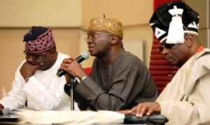 L-R: Lagos State Commissioner for Local Government and Chieftaincy Affairs, Mr Ademorin Kuye, Governor Babatunde Fashola and Oba Rilwan Akiolu of Lagos, at a meeting of traditional rulers with the governor in Lagos, yesterday.