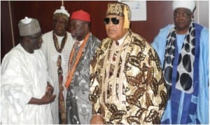 L-R:Minister of Transport, Sen. Idris Umar, Obong of Calabar, Edidem Ekpo Okon Abasi Otu V, Chairman, South-South Monarchs Forum, Dr Edmund Dankoru, Amanayabo of Opobo, King Dandeson Jaja-Jeki V and Secretary of the Forum, Alhaji Aliyu Danesi-Aidonogie, at a meeting with the Minister of Transport in Abuja,yesterday