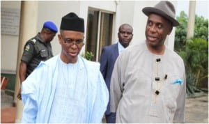 Rivers State Governor Rt. Hon. Chibuike Rotimi Amaechi (right) took the former FCT Minister and All Progressive Congress(APC) Chieftain Mallam Nasiru El Rufai (left) to see some of his administration’s projects in Port Harcourt, Monday. Among the landmark projects visited were the Elekahia primary school and health centre, as well as Obi Wali Convention Centre  