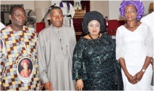 L-R: Dora Akunyili's husband, John, President Goodluck Jonathan, his wife, Dame Patience and Dora's daughter, during a Requiem Mass for Prof. Dora Akunyili  at Our Lady Queen of Nigeria Pro-Cathedral Catholic Church in Abuja, yesterday .