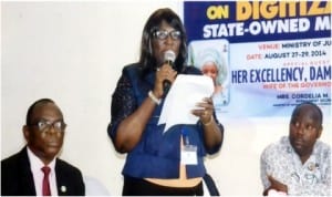 Permanent Secretary,Rivers State Ministry of Information and Communications, Mrs Cordelia Peterside (middle) making a speech during a three-day capacity building workshop for decoder installers organised by the Ministry in Port Harcourt, last Wednesday. With her are Permanent Secretary, Establishments, Mr Asoelu Gayamos Ogo (left) and Chairman, NUJ, Rivers State Council, Mr Opaka Dokubo