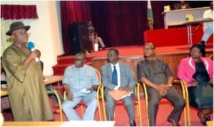 Commissioner 3, Civil Service Commission, Chief Godwin Bebe Okpabi (left), fielding questions from lawmakers over employment racket at the State College of Health Sciences, Sir Ngo Martyns-Yellowe, Registrar of the College, Owanate Lawson (right), Provost of College, Dr Charles Amadi (2nd right) during a the sitting of the House, recently.