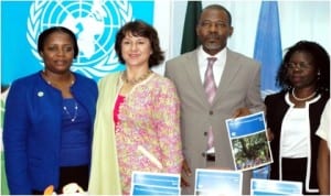 L-R: President, Strategy for Mentoring Indicative and Leadership Empowerment, Mrs Bimpe Martins, Senior Information Officer, UNIC, Ms Envera Selimovic, representative Of Lagos State Governor, Mr Seun Akinsaya and representative of UN Resident Coordinator in Nigeria, Ms Colleen Zamba, at the regional launch of the Millennium Development Goals Report 2014 in Lagos, recently.