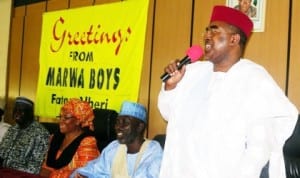 Former Lagos State Miliary Administrator, Retired  Brig.-Gen. Buba Marwa (right),  declaring for Adamawa  State governorship in Yola, recently.