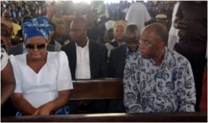 Rivers State Governor, Rt Hon Chibuike Amaechi (right) consolling the wife of late Port Harcourt City Local Government  CTC Chairman , Hon Charles Paul Ejekwu, during the funeral service at St Thomas Anglican Church, Diobu, last Saturday