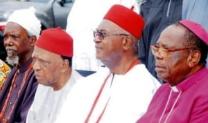 R-L: Members of Igbo leaders of thought, Prof. Chukwuemeka Ike, Chairman, Prof. Ben Nwabueze,  Obi of Onitsha, Igwe Alfred Achebe and Archbishop Maxwell Anikwenwa, at a security committee meeting in Enugu, recently.