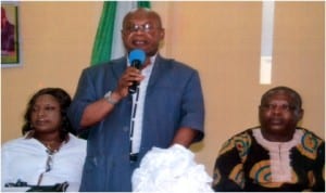 Commissioner for Chieftaincy and Community Affairs, Rivers State, Hon. Charles Okaye (middle), making a  speech during a training workshop organised by his Ministry in conjunction with SEEFOR in Port Harcourt, yesterday. Photo: Egberi A. Sampson