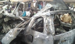 Remnants of burnt vehicle used by three suspected bombers (two girls and a man) that tried to detonate a bomb in Funtua Town, recently. The three suspects were arrested.