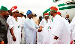 Governor Abiola  Ajimobi of Oyo State, with President Goodluck Jonathan  and other dignitaries at the Ibadan Airpoirt recently.