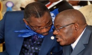 Rivers State Solicitor General/Permanent Secretary, Ministry of Justice, Evang Rufus Godwins (left) conferring with the State Head of Service,  Barr Samuel T. Long John, during the Civil Service Week celebration in Port Harcourt, recently. Photo: Chris Monyanaga