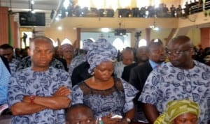 Rivers State Attorney-General and Commissioner for Justice, Nworgu Boms (left) with member, House of Assembly, Hon. Victoria Wobo Nyeche and State APC Secretary, Chief Emeka Gbege, during the funeral service of Late, Hon. Charles Paul Ejekwu at St. Thomas Anglican Church, Diobu Port Harcourt , recently. Photo: Nwiueh Donatus Ken