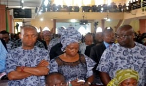 Rivers State Attorney-General and Commissioner for Justice, Nworgu Boms (left) with member, House of Assembly, Hon. Victoria Wobo Nyeche and State APC Secretary, Chief Emeka Gbege, during the funeral service of Late, Hon. Charles Paul Ejekwu at St. Thomas Anglican Church, Diobu Port Harcourt , recently.     Photo: Nwiueh Donatus Ken