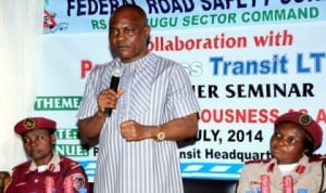 Managing Director, Peace Mass Transit  (PMT) Company, Mr Samuel Onyishi (middle), speaking during training for PMT drivers in Enugu  last Tuesday.  With him are, training officer , Federal Road Safety Commission (FRSC) Enugu Sector, Mrs Josephine Oranegbo (right) and representative of FRSC Sector Commander, Enugu State, Mrs Rose Anosike. Photo: NAN