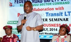 Managing Director, Peace Mass Transit (PMT) Company, Mr Samuel Onyishi (middle), speaking during training for PMT drivers in Enugu last Tuesday. With him are, training officer , Federal Road Safety Commission (FRSC) Enugu Sector, Mrs Josephine Oranegbo (right) and representative of FRSC Sector Commander, Enugu State, Mrs Rose Anosike. Photo: NAN