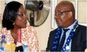 Sole Administrator, Greater Port Harcourt City Development Authority, Mrs Aleruchi Cookey-Gam (left) exchanging views with the Managing Director, Shell Petroleum Development Company, Mr Mutiu Sunmonu, during the 3rd graduation ceremony of Bloombreed High School in Port Harcourt, recently