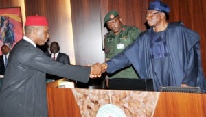 President Goodluck Jonathan (right) congratulating Minister of Aviation, Mr Osita Chidoka, during his swearing-in in Abuja recently.