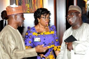 L-R: Governor Idris Wada of Kogi State, Director General, mdgs, Precious  Gbaneol and Governor Babangida Aliyu of Niger State, at the National Economic Council meeting in Abuja, recently. Photo: NAN