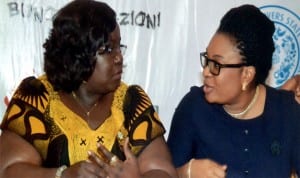 Flashback:Rivers State Commissioner for Information and Communications, Mrs Ibim Semenitari (left) chatting with  Chief Oprating Officer, Neomantra Limited, Lagos, Nkiruka Oguadinma at a press conference  for 2nd Port Harcourt International Fashion week in Port Harcourt, recently 