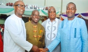 R-L: Senator, representing Rivers South-East Senatorial District, Senator Magnus Abe, with former Chairman, Oyigbo Local Government, Hon Felix Nwaeke, Commissioner for Works, Chief Victor Giadom and member of House of Representatives, Hon Barry Mpigi, during a thanksgiving service at Dr Obi Wali Convention Centre, Port Harcourt last Saturday.