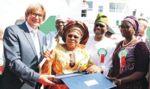 L-R: Vice Chairman, Navimor Group, Mr Roman Kinda; First Lady, Dame Patience Jonathan; Minister of Agriculture, Dr Akinwumi Adesina and Minister of State for Agriculture, Mrs Asabe Hamed , at the inauguration and Christening of Federal Ministry of Agriculture newly acquired fishing vessel in Poland, recently. Photo: NAN