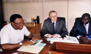 L-R: Commissioner for Budget and Economic Planning, Rivers State, Hon. Gogo Charles Levi, World Bank taskforce team leader, SEEFOR, Jens Kristensen, and coordinator, SEEFOR Tunde Lawal, during a meeting with the Commissioner , recently. Photo: Prince Obinna Dele