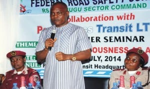 Managing Director, Peace Mass Transit (Pmt) Company, Mr Samuel Onyishi (middle),  speaking during  a training for Pmt drivers in Enugu recently. With him are, training officer, Frsc Enugu sector, Mrs Josephine Oranegbo (right) and representative of Frsc Sector Commander, Enugu State, Mrs Rose Anosike. Photo: NAN