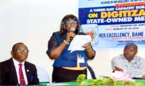 Permenant Secretary, Rivers State Ministry of Information and Communications, Mrs. Cordelia M. Peterside (middle) delivering an address, during official opening of a three-day capacity building for decorder installers organised by Ministry of Information and Communications, Rivers State. With her is Permenant Secretary, Establishments, Mr. Asoelu Gayamos Ogo representing Head of Service, Rivers State (left), Rivers State Chairman National Union of Journalist (NUJ), Mr. Opaka Dokubo (right) at the Ministry of Justice Conference Hall, recently. Pix: Egberi .A. Sampson