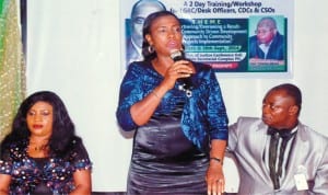 Director of Finance and Accounts, Ministry of Chieftaincy and Community Affairs, Rivers State, Mrs Taba A.B Epelle (middle), who represented the State Commissioner making a speech, during a two day training and workshop for LGRC/Desk officers organised by Ministry  in collabration with SEEFOR, yesterday.