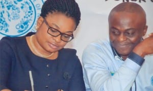 Director of Publication, Rivers State Ministry of Information and Communications, Mr Paulinus Nsirim (right), with Chief Operating Officer, Neomantra Limited, at a press conference for the 2nd Port Harcourt International Fashion Week, at Voitel Hotel, Port Harcourt recently.  Photo: Chris Monyanaga