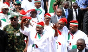 President Goodluck Jonathan with PDP members at a rally, recently