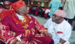 Gbenemene of Tai Kingdom, President Supreme Council of Ogoni Traditional Rulers and Chairman Rivers State Council of Traditional Ruters, King Godwin N.K. Gininwa (left), with his Chief of Staff and Gbenemene Mene, Samuel Nnee (right) during the thanksgiving service to mark the 75 years Birthday of King Giniwa in Port Harcourt, recently.