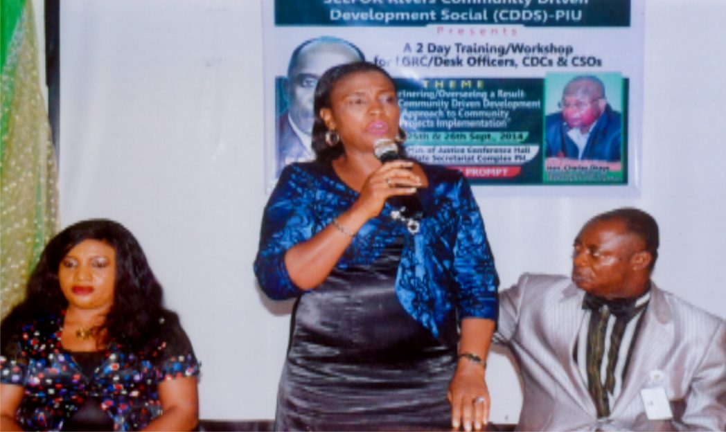 DFA chieftaincy and Community Affair, Rivers State, Mrs. Taba A. B. Epelle, Rep. Commissioner for Chieftaincy and Community Affairs (middle) making a speech during a two-day training and workshop for LGRC/DESK officers organised by Rivers State Minister of Chieftaincy and Community Affairs in collabration with SEEFOR, Rivers State Community Driven Development Social (CDDS) pin at Ministry of Justice, Port Harcourt, recently. Photo: Egberi A. Sampson