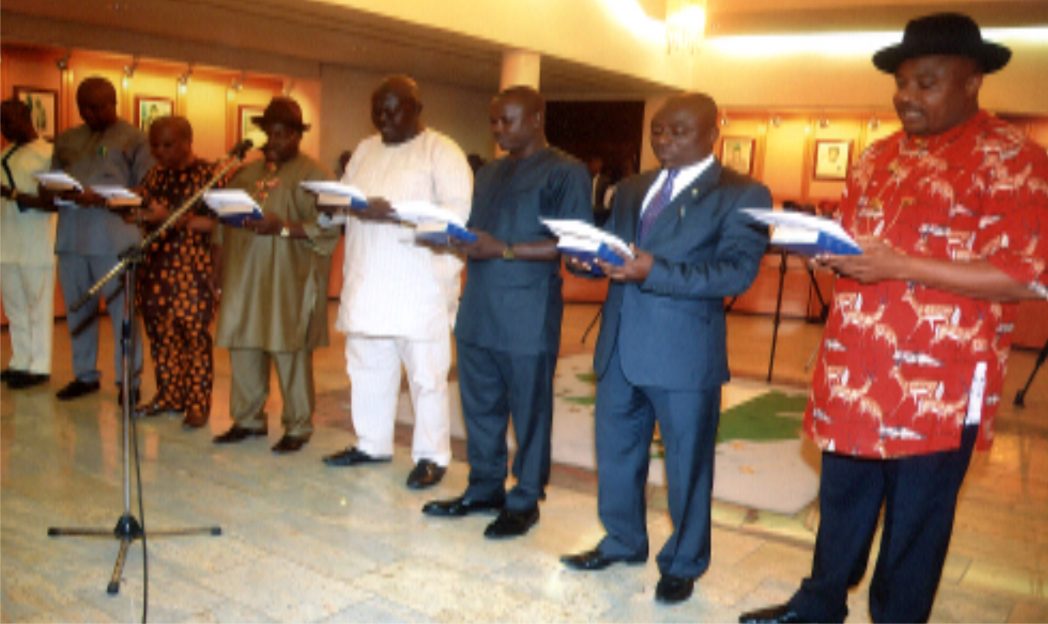 Cross section of Chairmen Caretaker Committees taking their oath of office at the swearing-in at Government House, Port Harcourt recently. Photo: Chris Monyanaga