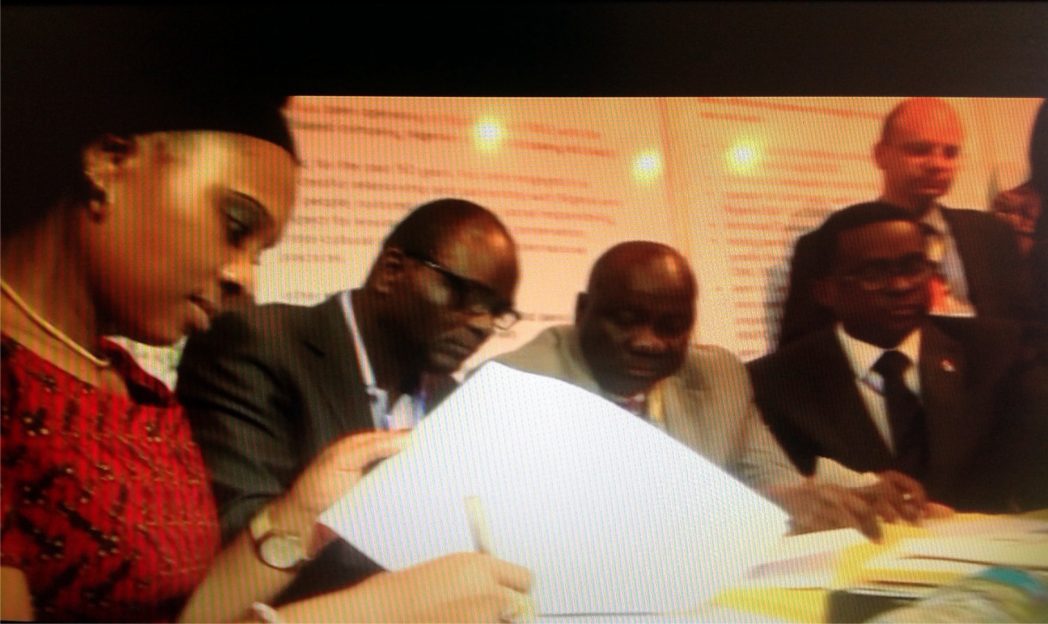 The General Manager, Nigerian Content Development/Nigerian Agip Oil Company, Mrs Callista Azogu (1st right) signing the M.o. U between Nigerian Agip Exploration and Petroleum Technology Association of NIgerian while others watch, recently in Port Harcourt