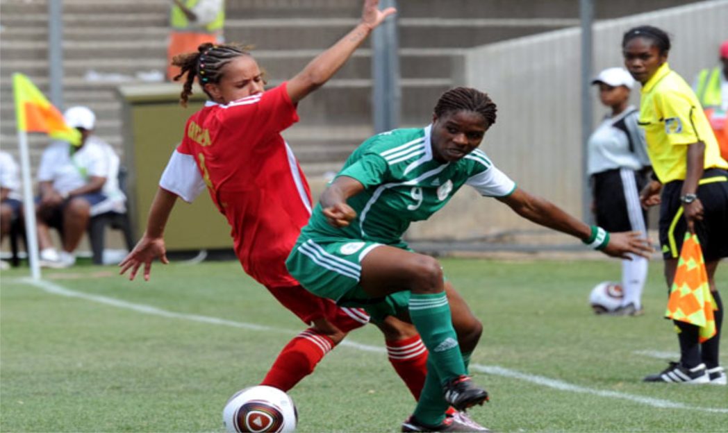 S’Falcons’ Desire Oparanozie (9) outwitting an opponent in a previous game. She scored a brace against Zambia in a 6-0 thumping to record four goals in two matches at the ongoing African Women Championship in Namibia