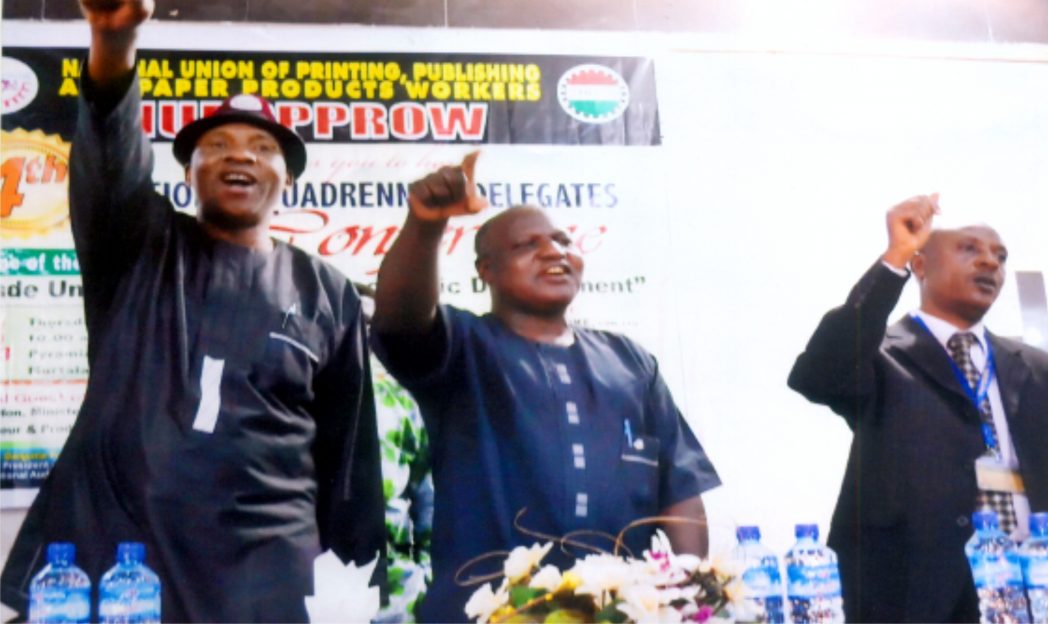 Flashback: National President, Nigeria Labour Congress (NLC), Comrade Abdulwaheed Omar (middle), with former National President of NUPPPPROW, Comrade Danjuma Papa Kunini (left) and representative of the former Minister of Labour and Productivity, Mr. D. Monyei, during the 14th national quadrennial delegates conference in Calabar, recently. Photo: Nwiueh Donatus Ken