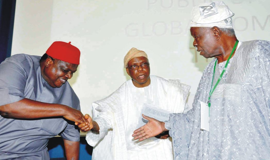 Pro-Chancellor, University of Calabar, Chief Emmanuel Iwuanyanwu (left), in a handshake with the Executive Secretary, National Universties Commission, Prof. Julius Okojie, at a Conference of Committee of Pro-Chancellors of Nigerian Federal Universities (Cpc), in Abuja recently. With them is the Pro-Chancellor and Chairman, Governing Council, University of Ibadan, Gen. Adeyinka Adebayo. Photo: NAN