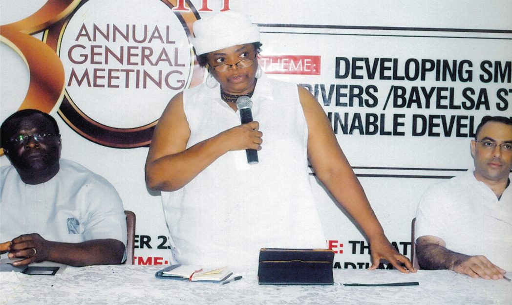 Chairman, Manufacturers Association of Nigeria (MAN), Rivers/Bayelsa States branch, Mrs Ekama E. Akpan, making a speech during a press briefing on its 30th Annual General Meeting in Port Harcourt recently. With him are Chief Nabil Saleh (right|) and 1st Vice Chairman, Hon. Charles Beke. Photo: Egberi A. Sampson