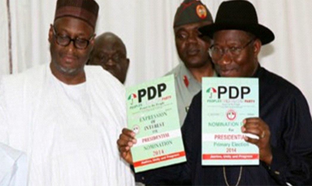 National Chairman of PDP, Alhaji Adamu Mu'Azu with President Goodluck Jonathan as he picks Expression of Interest to contest the 2015 Presidential election next year at the Party headquarters in Abuja