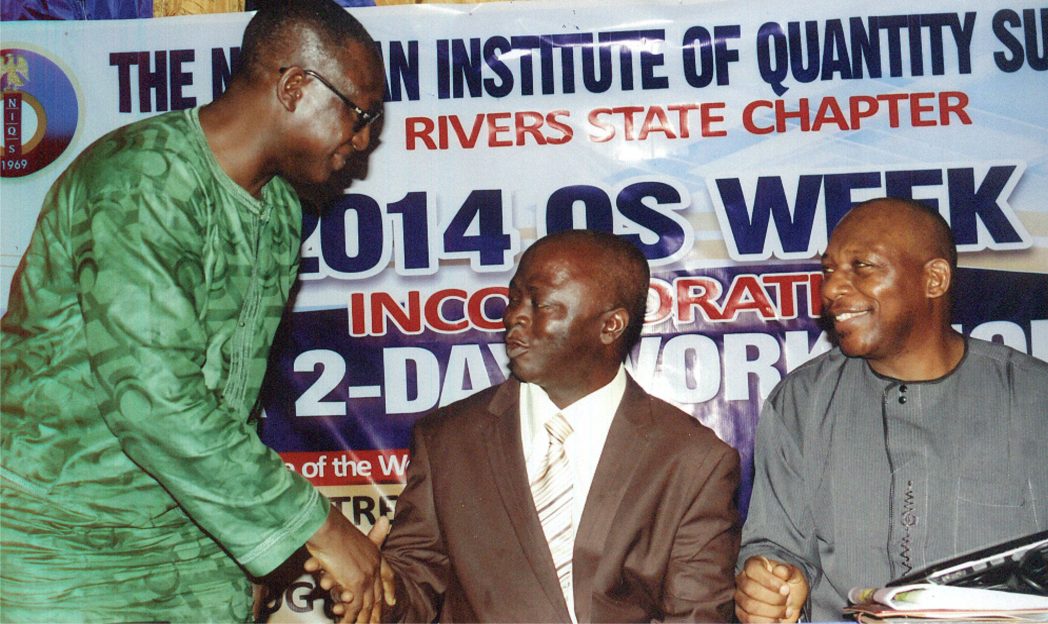 Chairman, Nigeria Institute of Quantity Surveyors (NIQS), Rivers State chapter, Mr Anifowose Abayomi (middle), exchanging pleasantries with Engr Ishaaq Yahaya, who represented Engr Emeka Eze at the NIQS 2014 Week at the Arena Event Centre, Port Harcourt, yesterday. With them is the Vice Chairman of the body, Mr Edighoman Isaac Ewa. Photo: Egberi Sampson