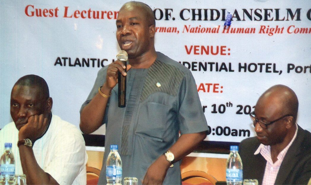 President, Movement for the Survival of Ogoni People (MOSOP), Legbosi Piagbara (middle) making an opening speech at the 19th Memorial lecture in honour of Ogoni Martyrs organised by MOSOP at Hotel Presidential, Port Harcourt, last Monday. With him are Chairman of the occasion, Chief Amaechi Ogbonna (left) and Engr Fegalo Mitee. Photo: Chris Monyanaga