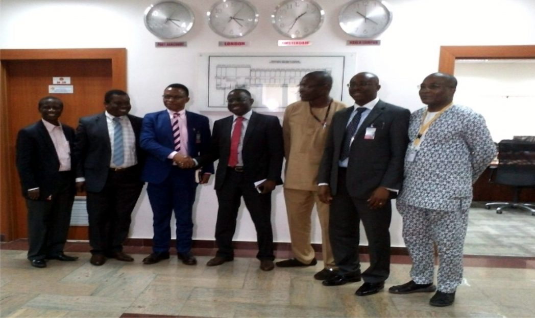 L-R: Shell Chief Geophysicist, Reginald Mbah, Manager, Geo-Solutions, Sam Ezugworie, Chairman, CB Geo-Solutions, Dr Bank Anthony Fubara, Shell GM, Development, Bayo Ojulari, GM, NCD, Igo Weli, MD, CB Geo-Solutions, Chidiebere Offor, and John Yule of Shell, shortly after the seismic data acquisition contract signing in Port Harcourt.