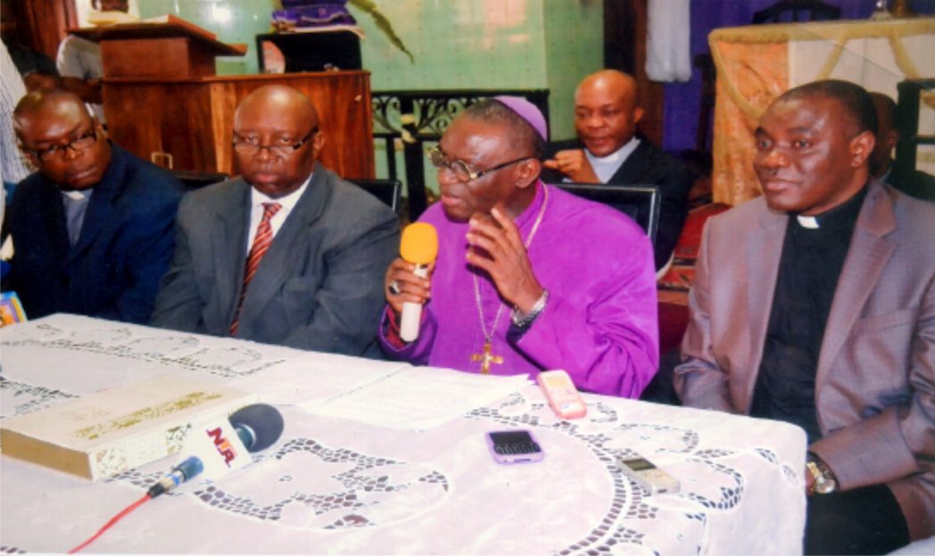 Bishop of Diocese of Niger Delta North, Most Rev’d Ignatius C. O. Kattey (2nd right) addressing press conference over his release from hand of kidnappers, Ven Rutandu Okpana (JP) (right) Chancellor of Diocese of Niger Delta North, Sir Barr Emeka Ichoku (2nd left) and Archdeacon of Eleme Diocese, Ven Israel Omosioni (left) at Alode Eleme Local Government Area recently. Photo: Chris Monyanaga