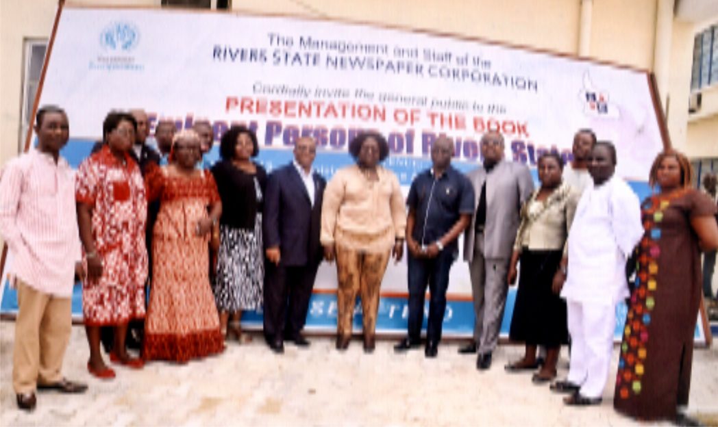 Group picture of the Commissioner for Information and Communications, Mrs Ibim Semenitari (middle) and Management of the Rivers State Newspaper Corporation and some directors from the Ministry of Information and Communications at the end of the Commissioner’s inpection of renovation work at the corporation, recently.