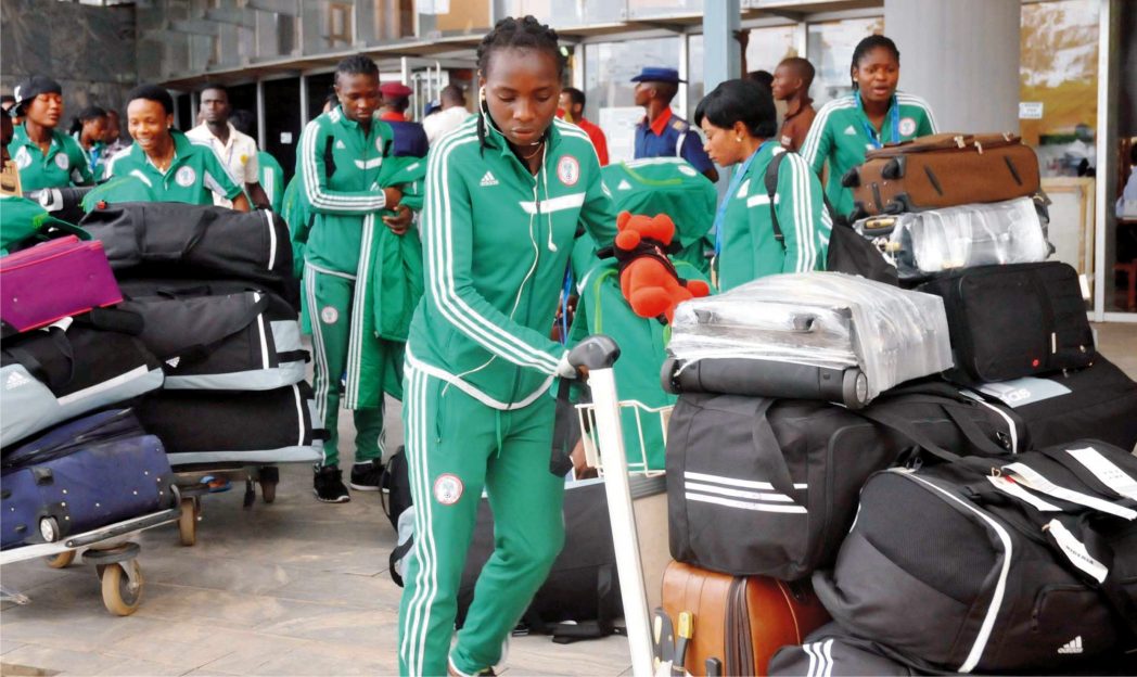 Victorious Falconets from Fifa U-20 Women World Cup arriving Nnamdi Azikiwe International Airport in Abuja recently.